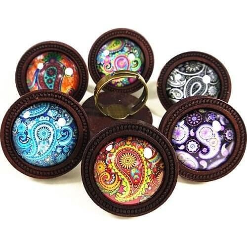 24pcs/lot Log, dark brown Adjustable Wood Cabochon Ring Base with Cashew Flowers Photo Glass Cabochon Ethnic Style ring