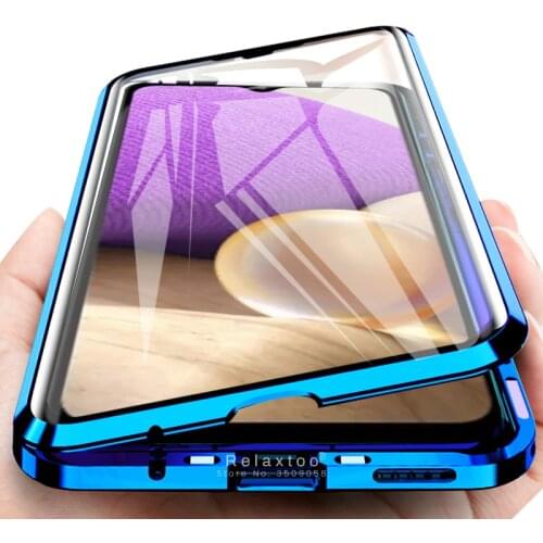 360° magnetic adsorption flip case for samsung galaxy a 32 a32 2021 4g 5g metal bumper double-sided tremp glass protective coque
