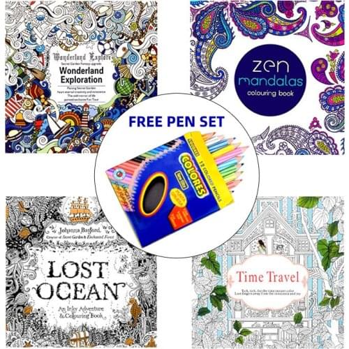 4 pcs/lot Mandalas Flower Coloring Book For Children Adult Relieve Stress Kill Time Free Pen Graffiti Painting Drawing Art Books