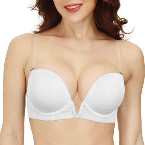 YBCG White Deep Plunge Women Bra Sexy V Neck Thick Padded Push Up Bras for Women Add Two Cup Underwear Transparent Straps
