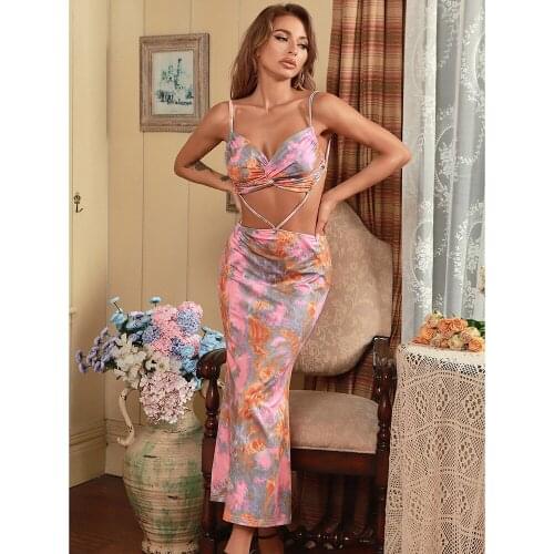 Black Pink Floral Print Sexy V Neck Hollow Out Women Party Maxi Dress 2021 Summer Casual Slim Lace Up Girls Club Vestidos BH7195