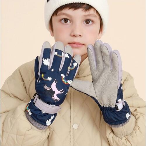 Kids Ski Gloves for Girls Boys Winter Gloves for Children Mittens Waterproof Antislip Plush Quilted Cartoon Unicorn 6-12years