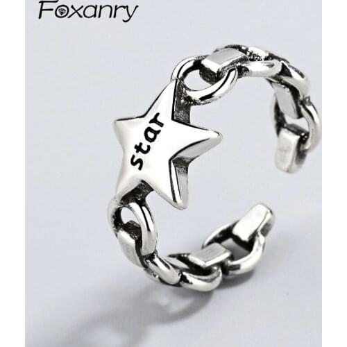 Foxanry 925 Sterling Silver Handmade Opening Rings for Women Couples Personality Punk Pentagram anillos Jewelry Party Gifts
