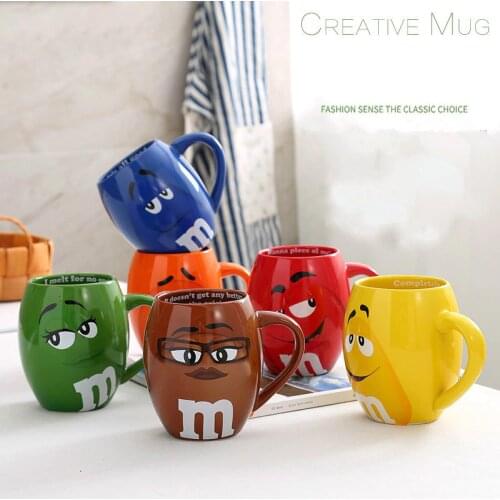 New Five-color M Bean Chocolate Expression Ceramic Cup Cartoon Large Capacity Water Cup Creative Couple Cup Childrens Gift
