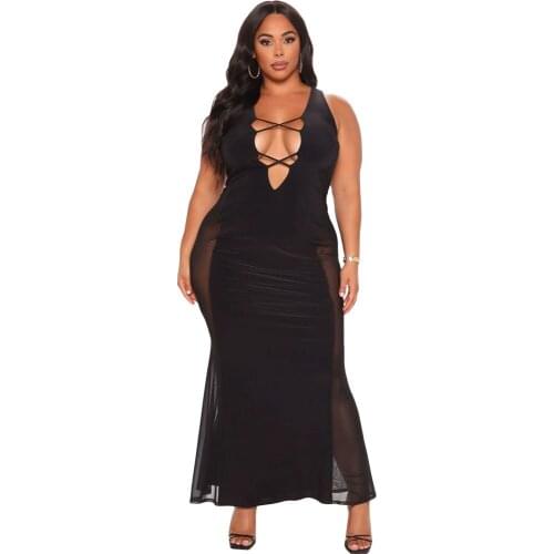 ChocoMisty-LadyPlus Plus-size Dresses Deep V-neck Hollow-out Mesh Maxi Dress CQ127