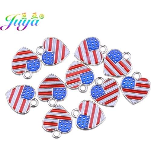 Juya DIY Enamel Charm Pendants Supplis Cz Rhinestones Heart Shape National USA Flag Charms For Fashion Crafting Jewelry Making