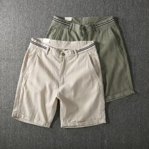 277 Linen Shorts Men Breathable All-Match Simple Sport Running Vintage Casual Youth Trendy Zipper Fly Beige Solid Color Clothes