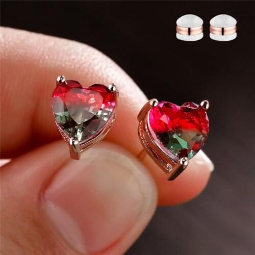 Vintage Rose Gold Wedding Earrings Red Green Crystal Stone Stud Earrings Rainbow Love Heart Earrings For Women Fashion Jewelry