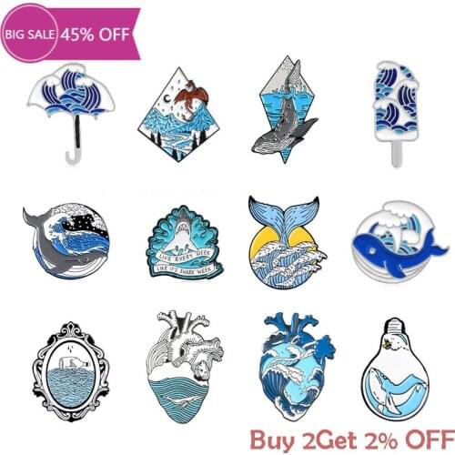 Ocean Sea Wave Brooches Organ Heart Light Bulb Sun Creative Badges Blue Wave Enamel Pin Collection