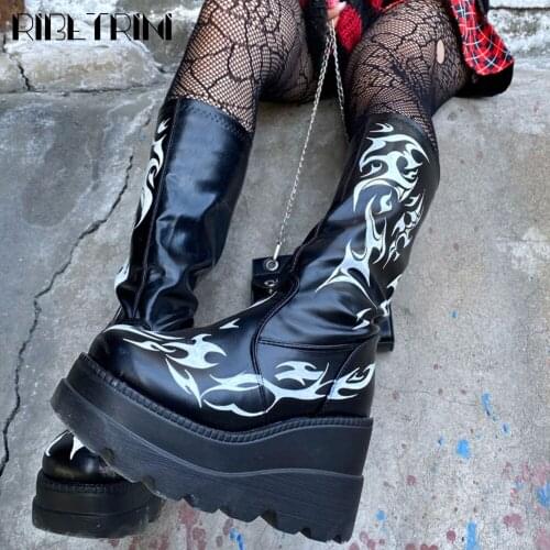 2021 New Brand Goth Platform High Wedges Punk Chunky Mid Calf Boots Women Thick Heel Trendy Flame Cool Black Zipper Shoes Women