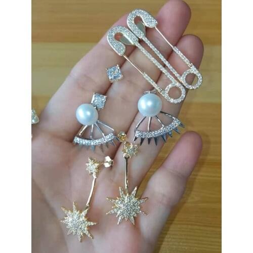 Solid 925 Sterling Silver Cubic Zirconia Stud Earriing For Women Red Agate Four Clover Flower Safety Pin Design Weddign Jewelry