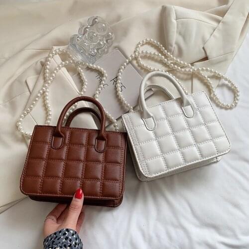 Retro Women Bags Casual Checkered Pattern PU Pearl Chain Mini Shoulder Messenger Small Shoulder Ladies Messenger Bag