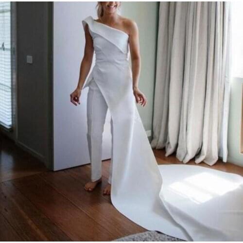 Sexy White One Shoulder Jumpsuits Wedding Dress For Women Long Train Country Boho Bridal Gowns Spring Summer Bride Dresses