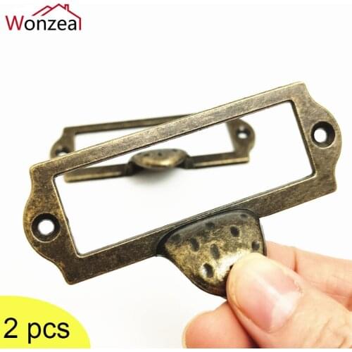 2x Antique Brass Vintage Metal Label Pull Frame Handle File Name Card Holder For Furniture Cabinet Drawer Box Case Bin Hardware