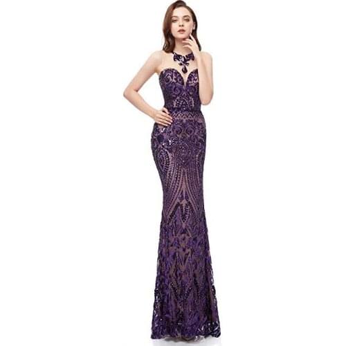2019 Multicolor sequined fabric long evening dress purple color