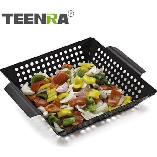 TEENRA Non-stick Square Grill Pan Stainless Steel Barbecue Grill Plate Food Vegetable Basket Tray BBQ Tools Kitchen Gadgets