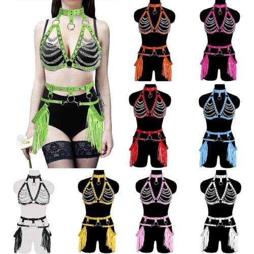 Cosplay Bdsm Dance Rave Wear Sexy Harajuku Harness Fashion Body Belt Lingerie Set PU Leather Bondage Bra Caged Bralette Garter