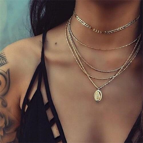 Boho New Multilayer Necklace For Women Long Thin Chain Cool Simple Choker Virgin Mary Pendant Necklaces Jewelry Female Gifts