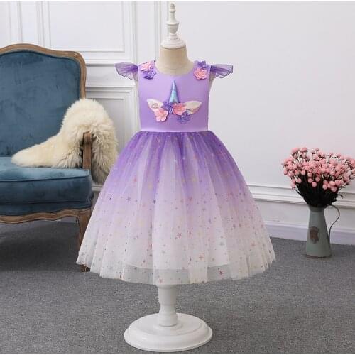 Girl Children' Clothing Unicorn Gradient Color Birthday Party Dress Starry Sky Gauze Princess Dress Girls Christmas Clothing