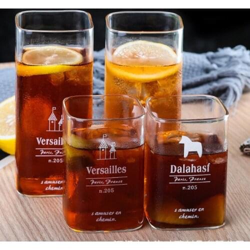 Home glass lovely square juice glass web celebrity ins drinking glass clear drink cup heat resistant milk cup