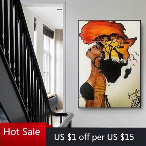 Classical African Woman Canvas Painting Wall Abstract Africa Map Shape Head Wall Art Decor Prints Posters Aesthetic Room Decor