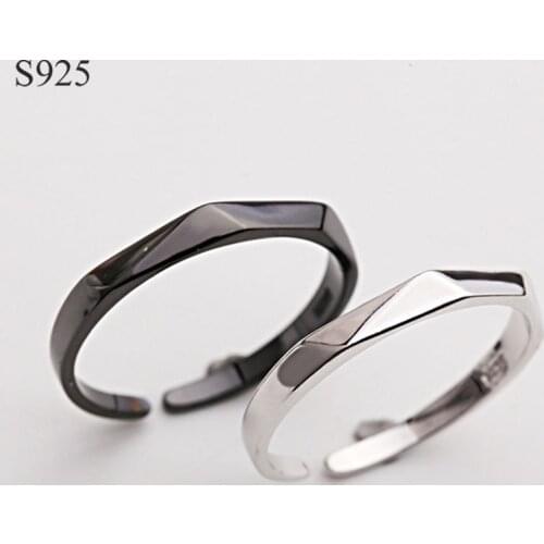 Genuine Real Pure Solid 925 Sterling Silver Couple Rings for Women Men Jewelry Adjustable Female Male Black Finger Ring Bague