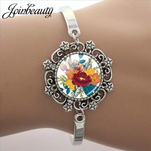 JOINBEAUTY Botany Beautiful Red Flower Pattern Bracelet Handmade Fashion Accessories Glass Cabochon Dome Women Jewelry GP02