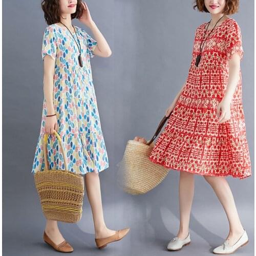 Summer Korean Floral Casual O-Neck Plus Size Dress Cotton Linen Loose Vintage Women Dresses Short Sleeve A-Line Dresses
