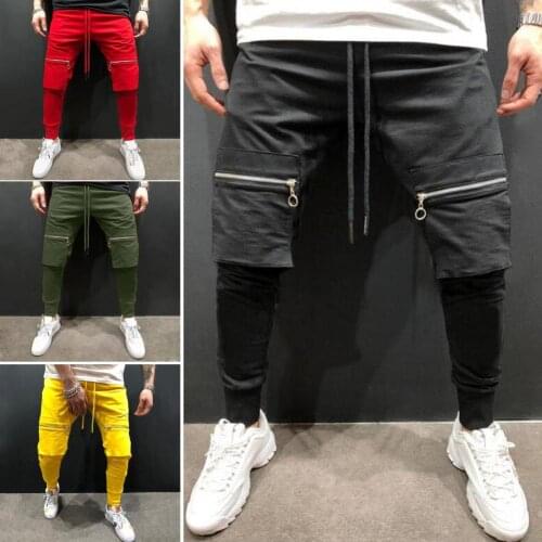 Fashion Sports Men Harem Pants Solid Color Big Pockets Patchwork Long Pants Jogging Sports Trousers Long Slacks