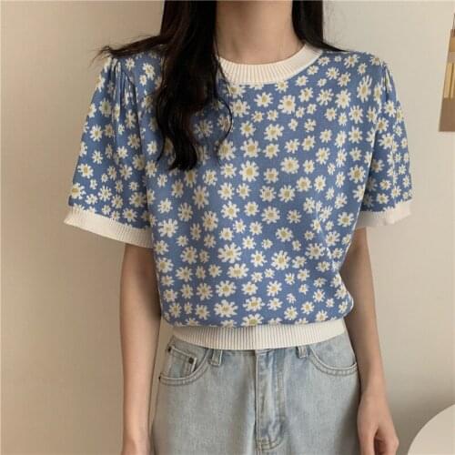 Fashion O-Neck Pullover Elegant Bubble Short Sleeve Knit Pullover Ladies Retro Print Loose Sweatshirt 2021 Spring And Autumn New