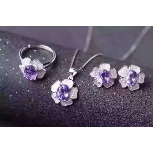 Natural amethyst jewelry sets natural gemstone ring earrings Pendant S925 silver Fashion Romantic Roses Women party Jewelry Set