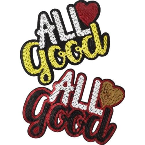 Letters Patch Clothes Stickers ALL Good Red Yellow Sequins Biker Badge Iron On Patches For Clothing Strange Things Christmas