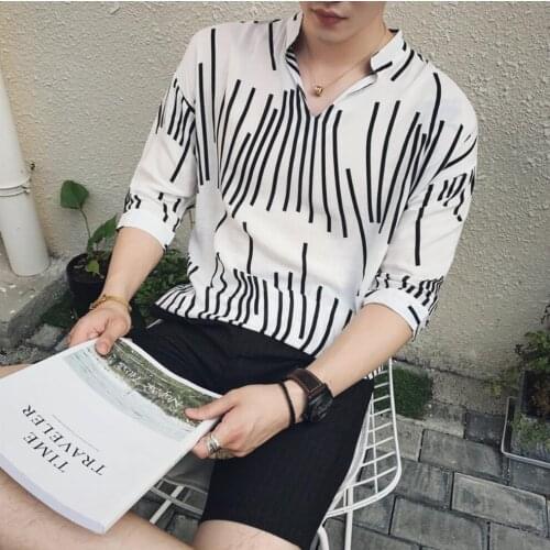 New Mens Clothing Breathable Stripe Loose Male Casual Half Sleeve Shirt Hairstylist Singer Dancer Show Print Flower Costumes