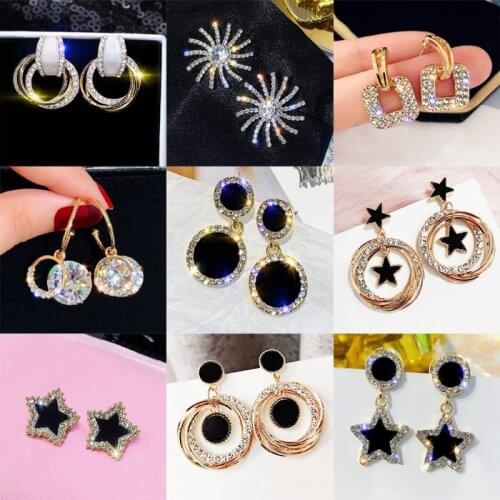 Star Statement Drop Earrings for Women Gold Round black Geometric Hoops Earrings With Rhinestones Minimalist Jewelry