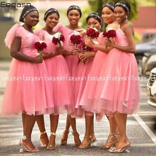 New Pink Short Bridesmaid Dresses One Shoulder Knee Length Tulle African Women Party Dress Maid Of Honor Plus Size
