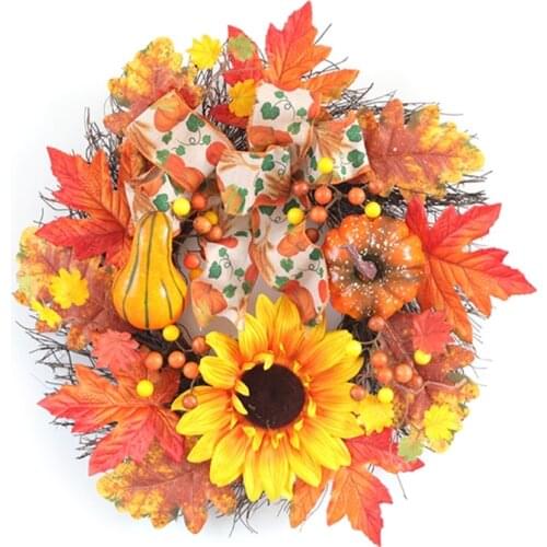 Autumn Wreath Artificial Maple Leaf Pumpkin Sunflower Door Wreath Fall Garland for Halloween Thanksgiving Hanging Ornaments Hom