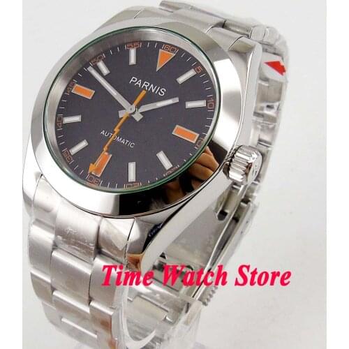 Parnis 40mm 5ATM MIYOTA 8215 Automatic mens watch sapphire glass black dial luminous flash hand SS bracelet