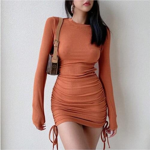 Sexy bag hip ladies dress spring and autumn new round neck drawstring elastic tight mini dress design sense of fashion ins