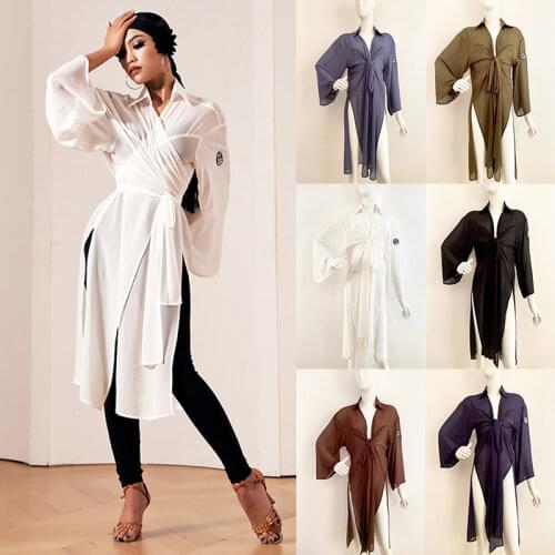 New Latin Dance Dress Women Long Sleeve Practice Dress Mesh V-Neck Sexy Samba Rumba Dance Clothes Adult Latin Costumes DNV15131