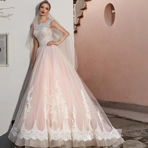 Romantic Lace Wedding Gowns Jewel Sleeveless Pink Vestido de Novia 2020 Custom Made Ball Gown Bride Dress