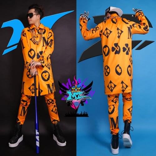 S-4xl ! Men Fashion Club Singer Dj Grows Gd Runway Looks Orange Europe America Printing Long Trench Coat Costumes Formal Dress