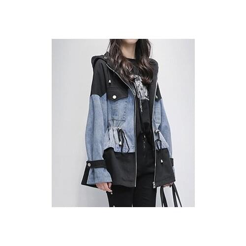 Windbreaker womens long autumn 2020 new Korean loose stitching small denim jacket sexy women jackets V-Neck Regular Solid