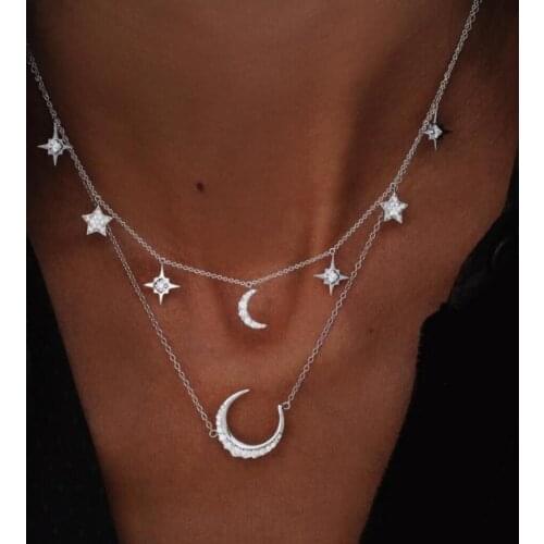 Vintage Female Choker Necklace Multi Layered Moon Star Pendant Necklace for Women Statement Necklace Girl Party Gift Jewelry