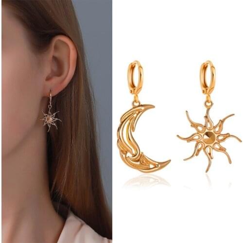 Sun Moon Dangle Earring Asymmetric Drop Earrings for Women Girls Trendy Elegant Abstract Hollow Earings Fashion Jewelry Brincos
