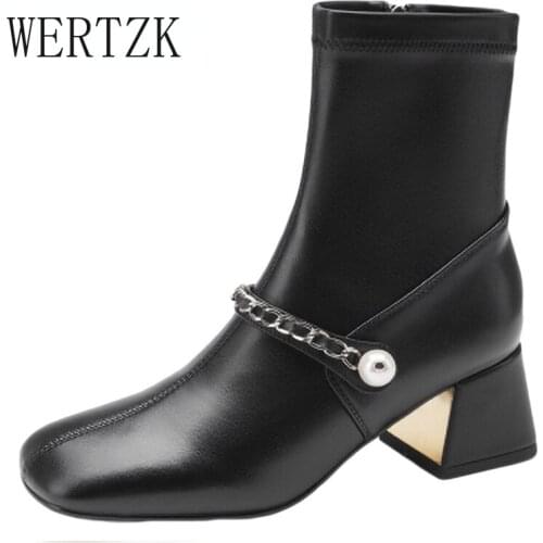 2021 New Autumn Winter Zip Boots Women 5.5m Comfortable Square Heel Motorcycle Sock Boots Pearl Metal Chain Shoes