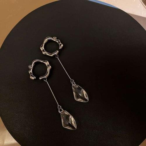 Origin Summer Temperament Irregular Geometric Crystal Clip Earring for Women Trendy Long Tassel Waterdrop Metal Earring Jewelry