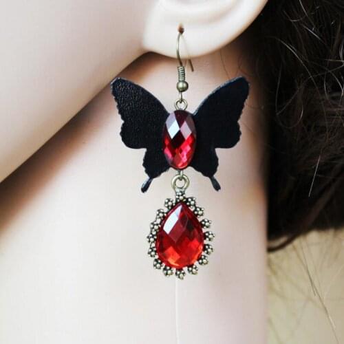 Gothic Style Black Leather Butterfly and Teardrop Crystals Women`s Drop Earring