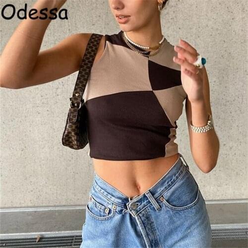 Odessa Spring Summer Sleeveless Patchwork Crop Tops Women 90s Y2K Off Shoulder Casual Tank Tops Harajuku Sexy O Neck Vest 2021
