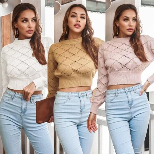 European and American Womens Knitted Sweater Rhombus Cropped Sweater Navel Sweater Ladies Pullover