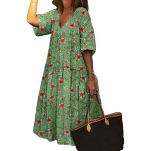 50% Hot Sales Boho Women V Neck Half Sleeve Floral Print Large Hem Beach Party Midi Dress